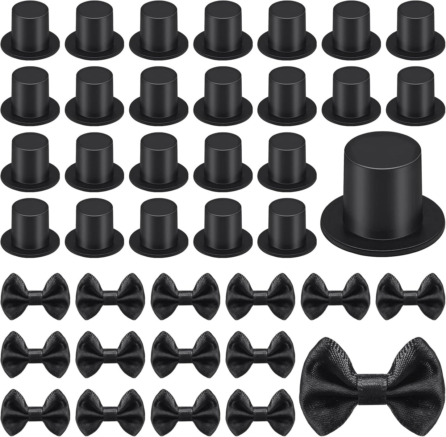 200 Pcs Include 100 Christmas Mini Top Hat Black Plastic Tiny Hats 100 Mini Satin Ribbon Bows Boutique Flower Bowknot Sewing Scrapbook DIY Snowman Crafting Project Wedding Birthday Party Decoration