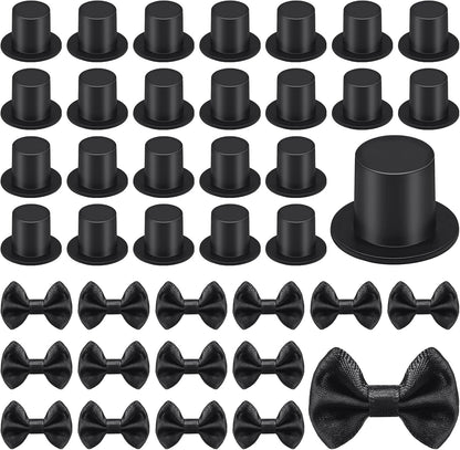 200 Pcs Include 100 Christmas Mini Top Hat Black Plastic Tiny Hats 100 Mini Satin Ribbon Bows Boutique Flower Bowknot Sewing Scrapbook DIY Snowman Crafting Project Wedding Birthday Party Decoration