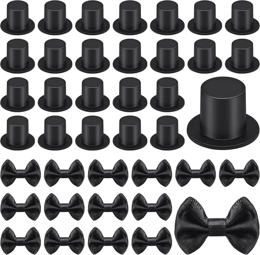 200 Pcs Include 100 Christmas Mini Top Hat Black Plastic Tiny Hats 100 Mini Satin Ribbon Bows Boutique Flower Bowknot Sewing Scrapbook DIY Snowman Crafting Project Wedding Birthday Party Decoration
