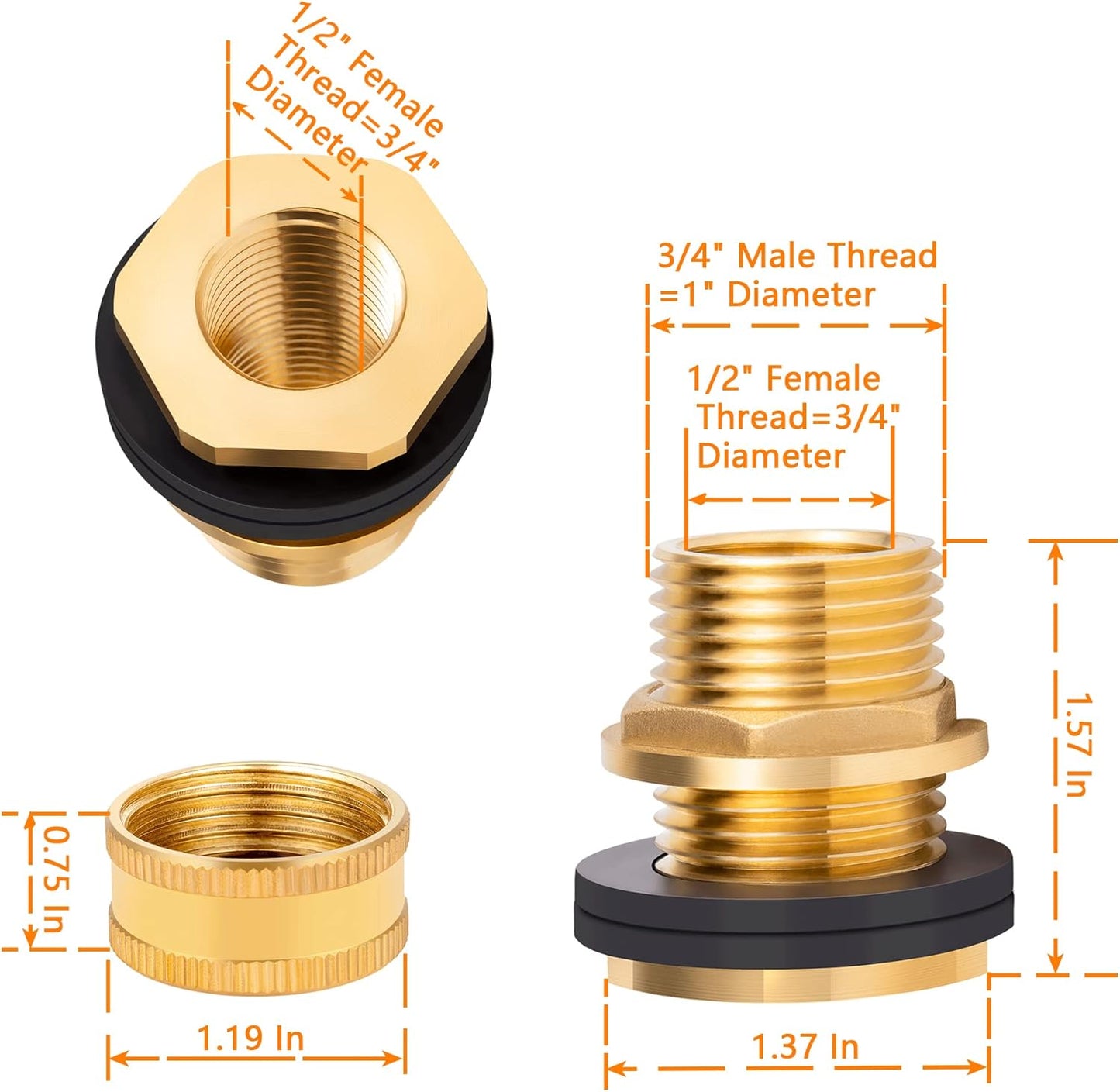 Brass Male Garden Hose Bulkhead Fitting Drain/Flush Port Kit 1/2" Female 3/4" Male Soild Brass Water Tank Connector Bulkhead Tank Fitting With 2 Rubber Ring Stablizing 1pc