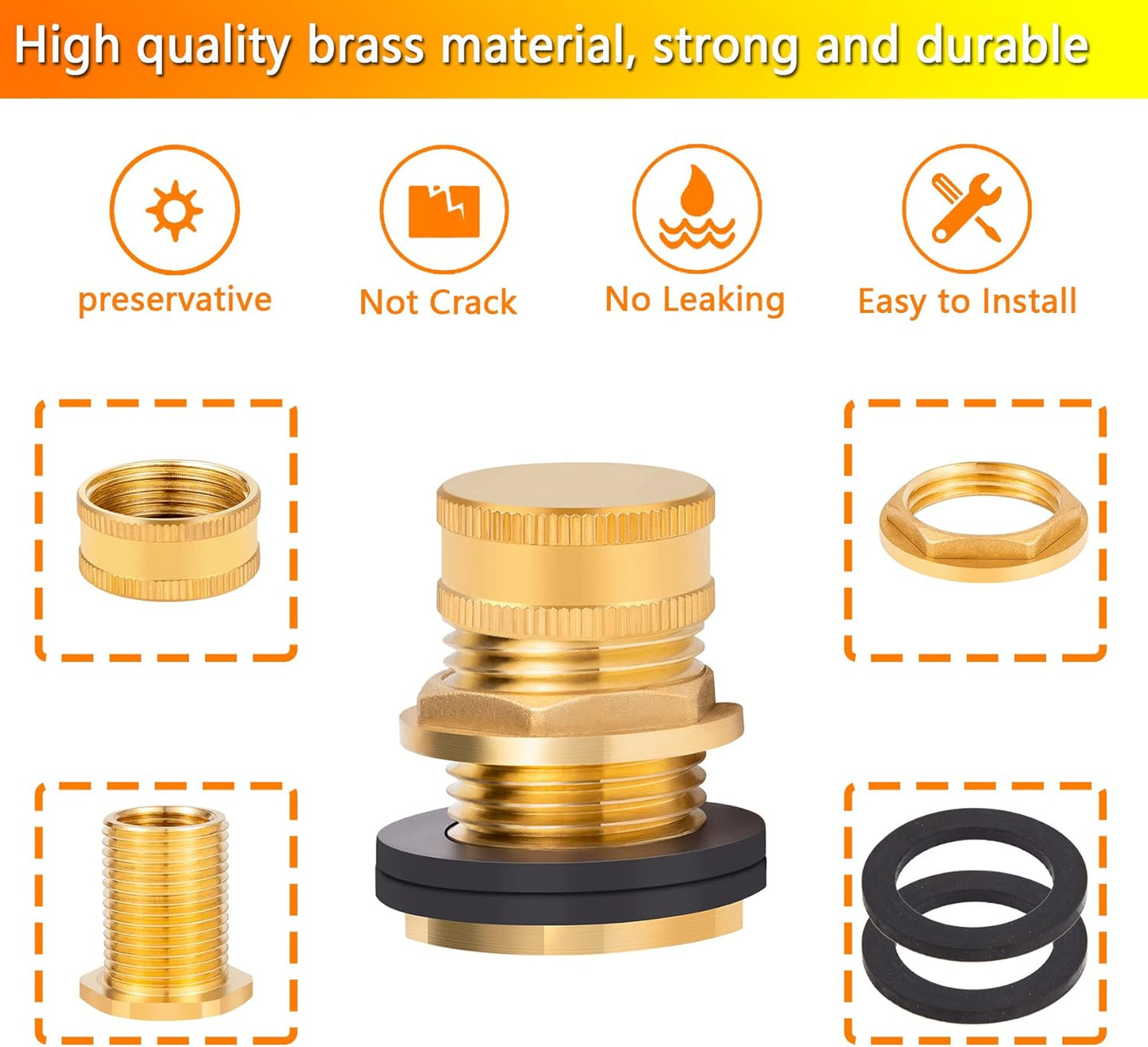 Brass Male Garden Hose Bulkhead Fitting Drain/Flush Port Kit 1/2" Female 3/4" Male Soild Brass Water Tank Connector Bulkhead Tank Fitting With 2 Rubber Ring Stablizing 1pc