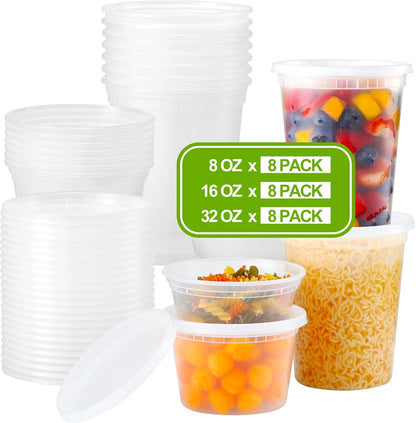 24 Sets Plastic Deli Food Containers With Lids, 8 oz 16oz 32oz Variety pack, Airtight Food Storage Containers, Freezer/Dishwasher/Microwave Safe, Soup Containers For Takeout Food Storage