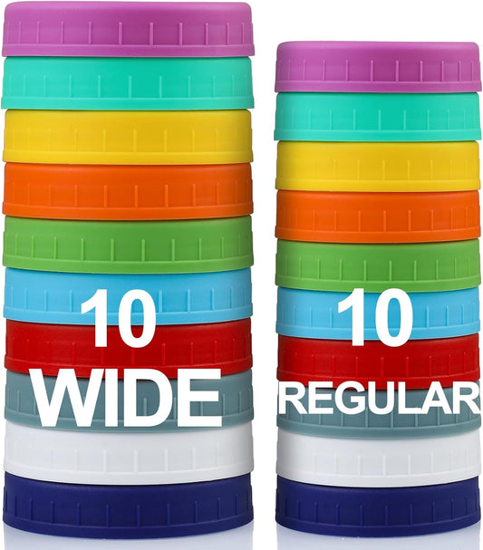 10 WIDE Mouth & 10 REGULAR Mouth Mason Jar Lids - 20 Pack Food Grade Plastic Mason Jar Caps for Ball, Kerr and More Canning Jars - Leakproof & Dishwasher Safe - Multicolor