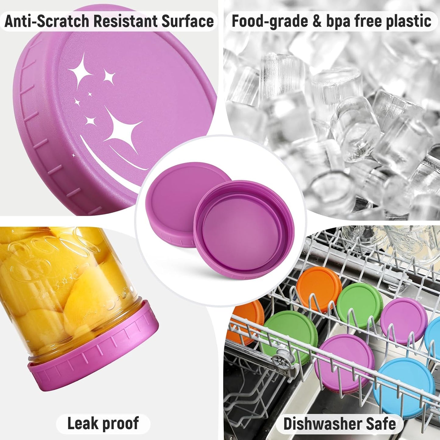 10 WIDE Mouth & 10 REGULAR Mouth Mason Jar Lids - 20 Pack Food Grade Plastic Mason Jar Caps for Ball, Kerr and More Canning Jars - Leakproof & Dishwasher Safe - Multicolor