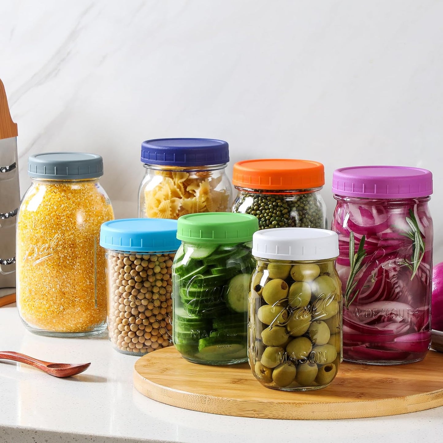10 WIDE Mouth & 10 REGULAR Mouth Mason Jar Lids - 20 Pack Food Grade Plastic Mason Jar Caps for Ball, Kerr and More Canning Jars - Leakproof & Dishwasher Safe - Multicolor