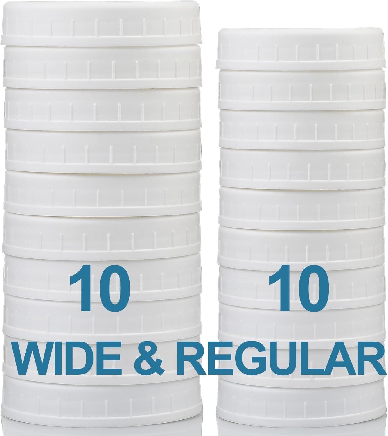 10 WIDE Mouth & 10 REGULAR Mouth Mason Jar Lids - 20 Pack Food Grade Plastic Mason Jar Caps for Ball, Kerr and More Canning Jars - Leakproof & Dishwasher Safe - White