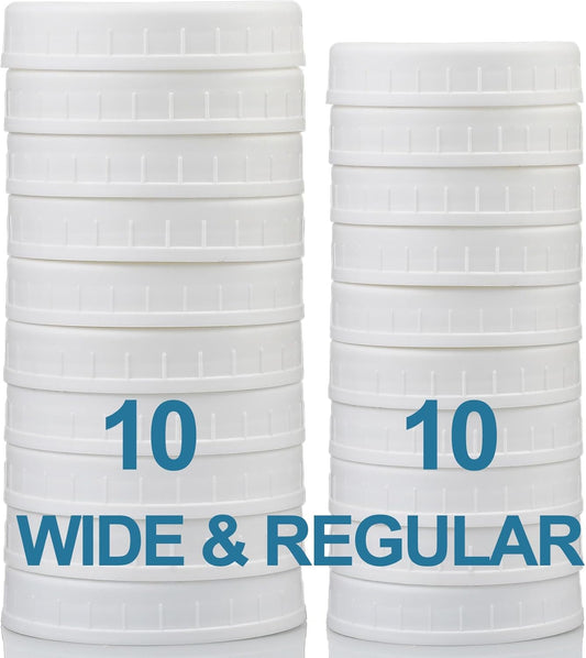 10 WIDE Mouth & 10 REGULAR Mouth Mason Jar Lids - 20 Pack Food Grade Plastic Mason Jar Caps for Ball, Kerr and More Canning Jars - Leakproof & Dishwasher Safe - White