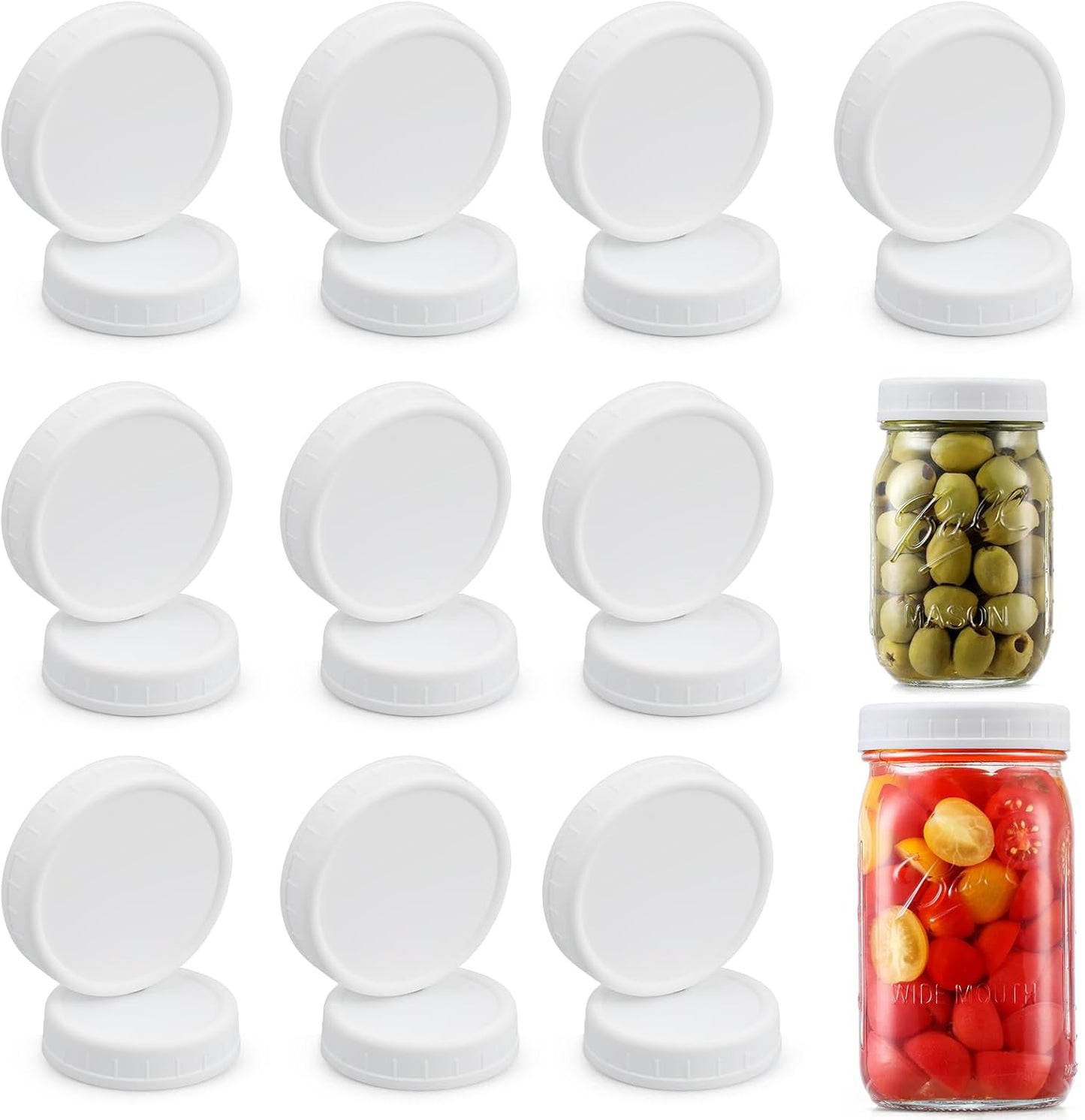 10 WIDE Mouth & 10 REGULAR Mouth Mason Jar Lids - 20 Pack Food Grade Plastic Mason Jar Caps for Ball, Kerr and More Canning Jars - Leakproof & Dishwasher Safe - White