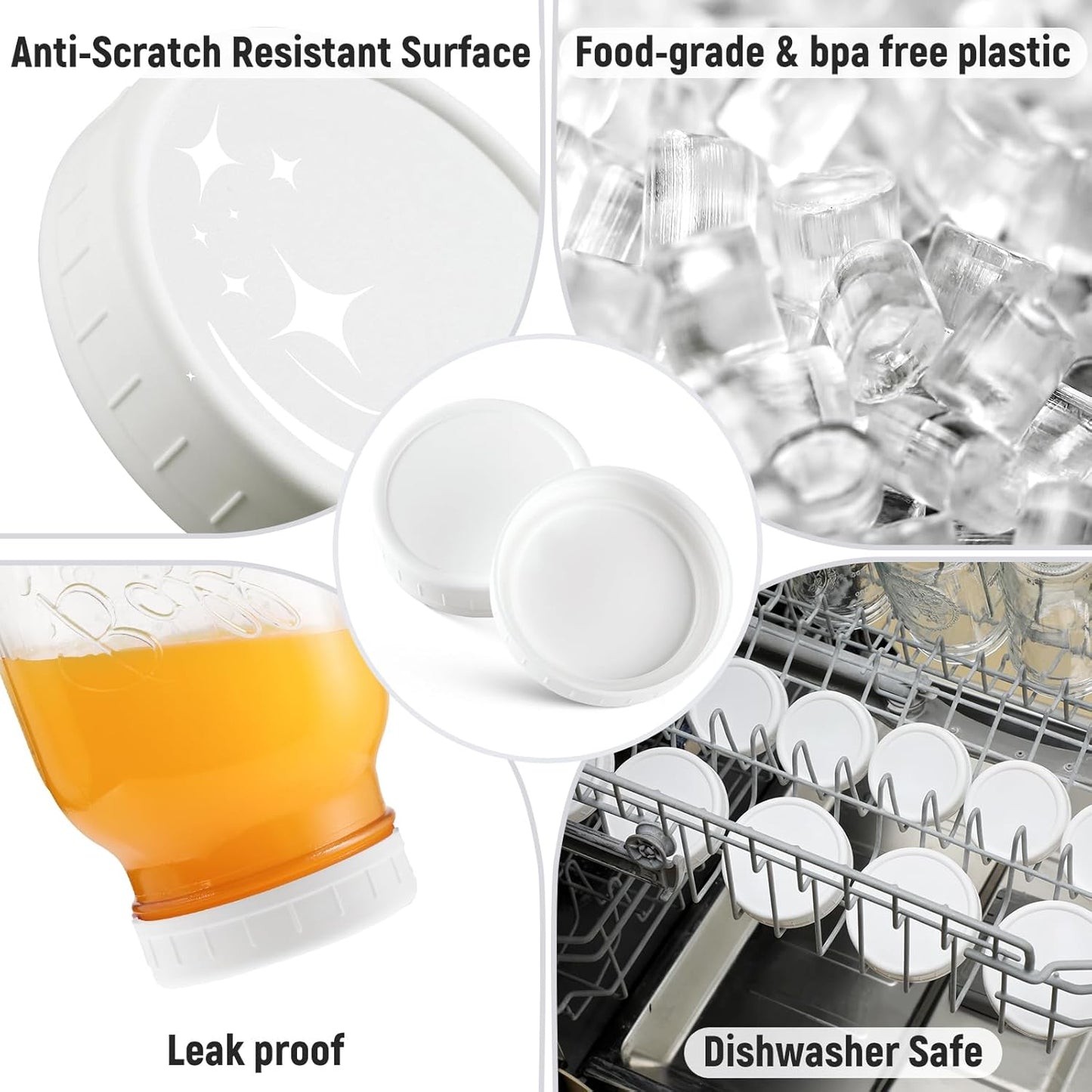 10 WIDE Mouth & 10 REGULAR Mouth Mason Jar Lids - 20 Pack Food Grade Plastic Mason Jar Caps for Ball, Kerr and More Canning Jars - Leakproof & Dishwasher Safe - White