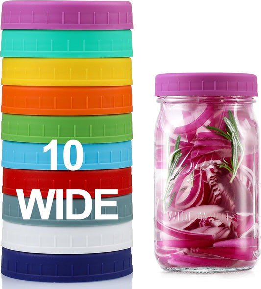 10 Pack Plastic Wide Mouth Mason Jar Lids for Ball, Kerr and More - Multicolor Storage Caps for Mason Jars, Canning Jars - Leak-Proof, Dishwasher Safe & Food Grade
