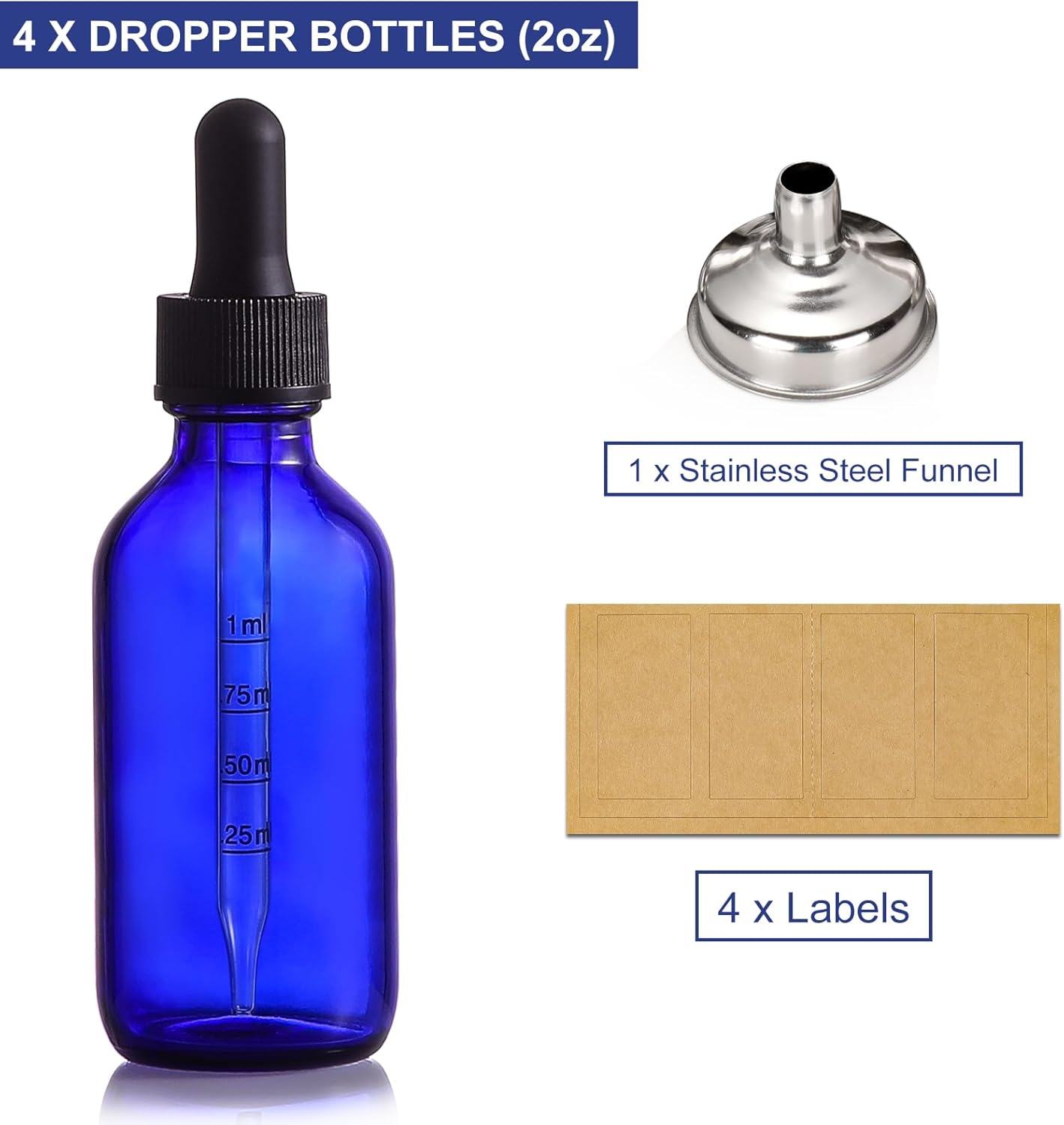 4 Pack 2 oz Glass Dropper Bottles with Measured Dropper - 60ml Dark Blue Tincture Bottles with Calibrated Glass Eye Droppers (1ml) - Leakproof Essential Oils Bottles for Health, Personal Care & Beauty