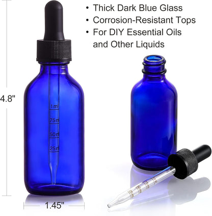 4 Pack 2 oz Glass Dropper Bottles with Measured Dropper - 60ml Dark Blue Tincture Bottles with Calibrated Glass Eye Droppers (1ml) - Leakproof Essential Oils Bottles for Health, Personal Care & Beauty