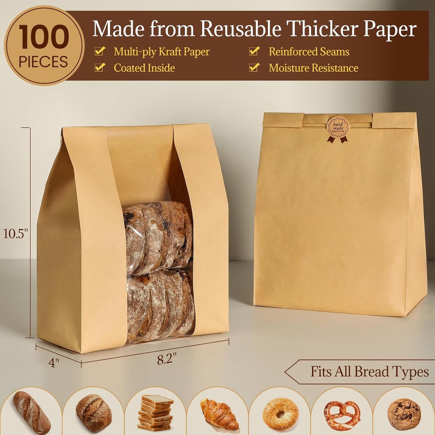 100 Pack Paper Bread Bags for Homemade, Bread Bags with Window for Sourdough Bread Storage, 13.7x8.3x3.5 Inch, Includes Seal Stickers
