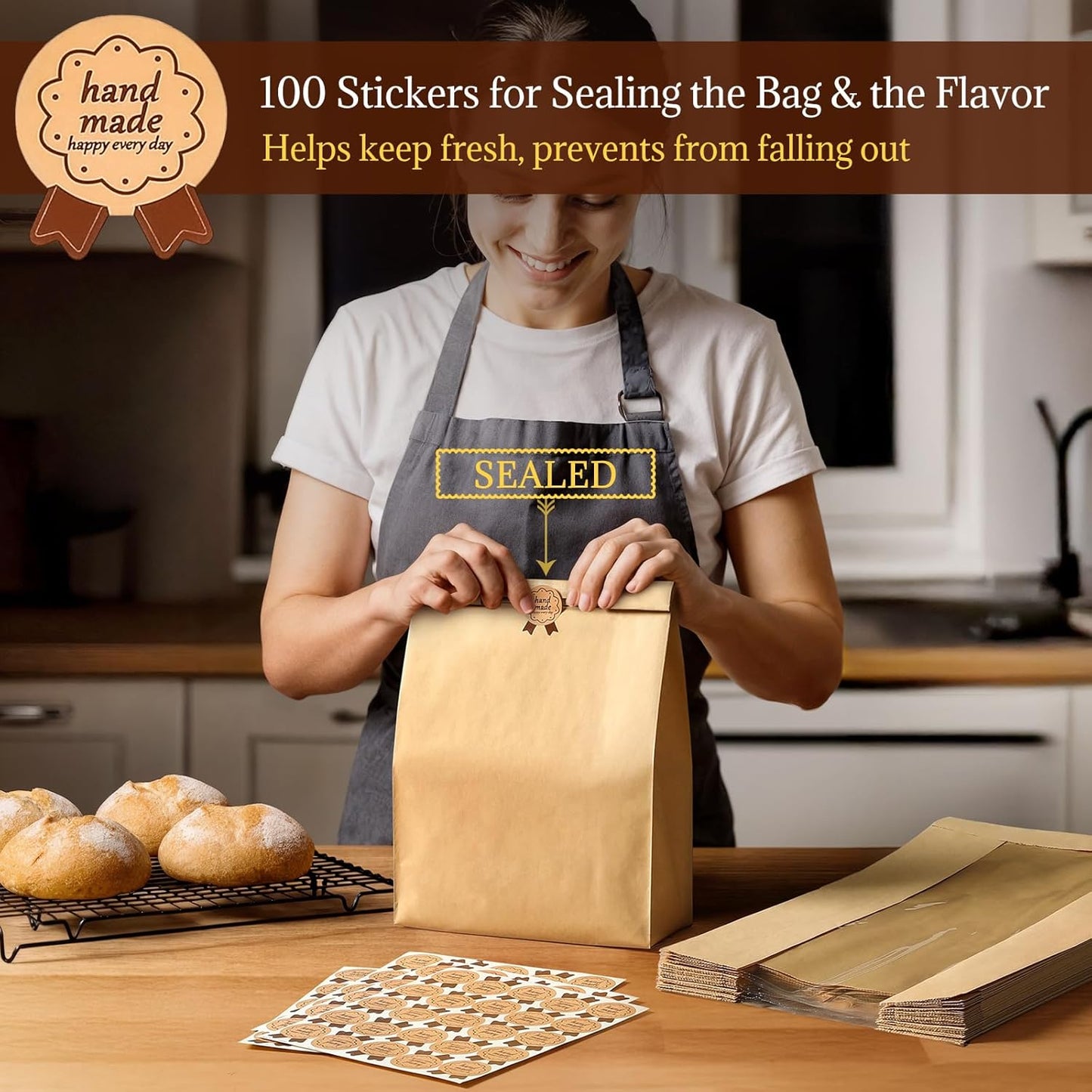 100 Pack Paper Bread Bags for Homemade, Bread Bags with Window for Sourdough Bread Storage, 13.7x8.3x3.5 Inch, Includes Seal Stickers