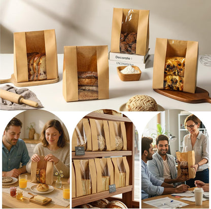 100 Pack Paper Bread Bags for Homemade, Bread Bags with Window for Sourdough Bread Storage, 13.7x8.3x3.5 Inch, Includes Seal Stickers