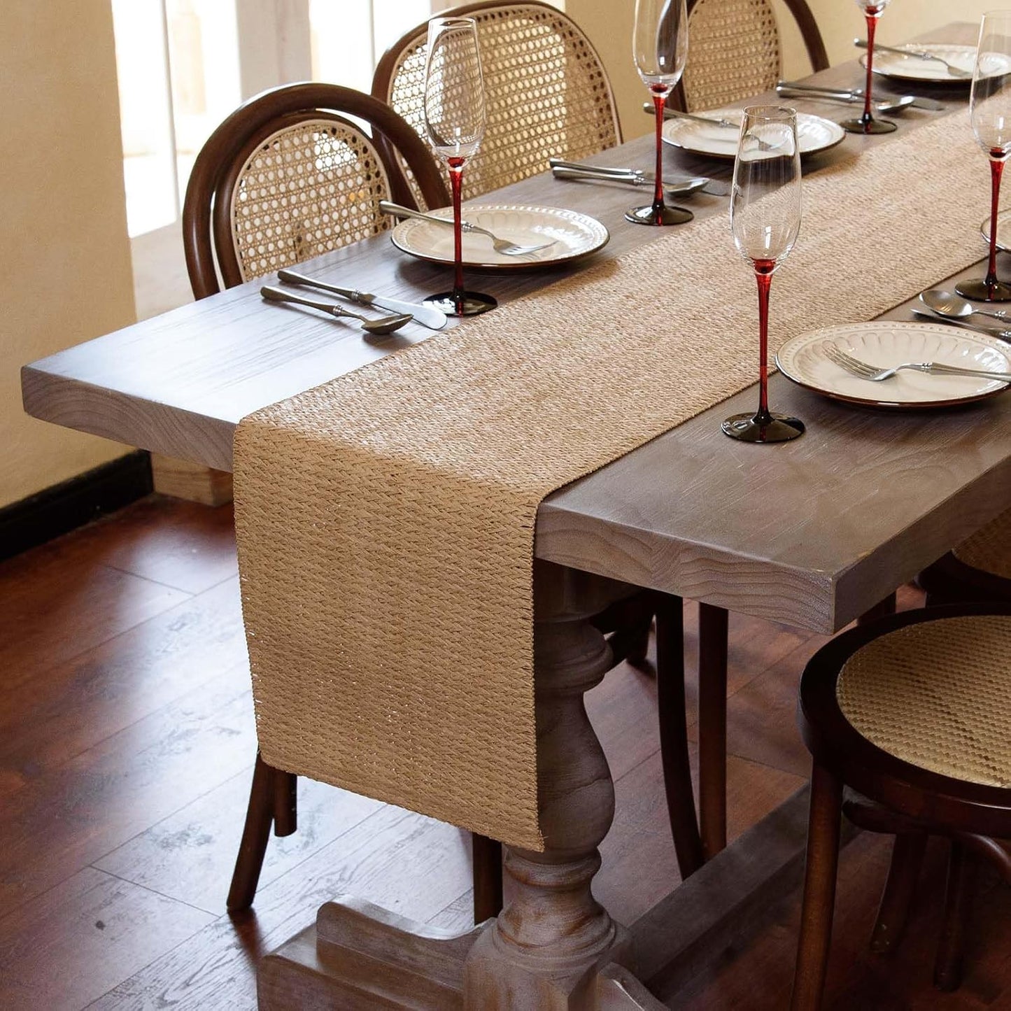 Natural Paper Braided Tablerunner 36 Inches Long for Dining Tables Farmhouse Rustic Table Runner Indoor & Outdoor(Light Brown)