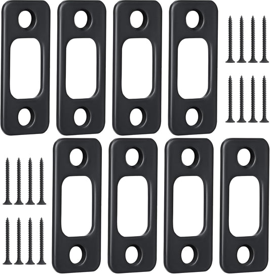 8 Pcs 1" x 2-1/4" Door Deadbolt Strike Plate Carbon Steel Round Corner Door Backplate Heavy Duty Strike Plate with 16 Pcs Screws for Home Office Residential Use, Matte Black