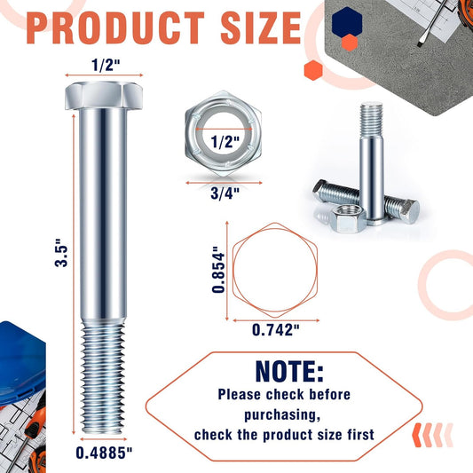 5 Pack Grade 2 Shear Bolts for Rotary Cutters Bolts and Lock Nuts Kit 1/2" x 3-1/2" with Nylock Nuts Fit Brush Cutter Tractor Gearboxes Compatible with Rotary Cutters Mill Grad (Half Thread)