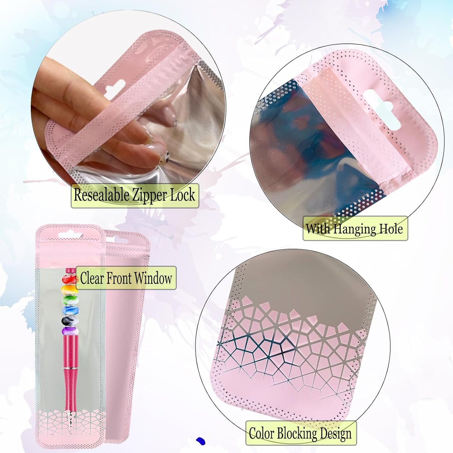 100 Pack Holographic Pen Bags Clear Resealable Bags,Resealable Zipper Pouch Bead Packaging for Pen,Jewelry,Brushes，Lipgloss Small Business 2.16x8.6inch