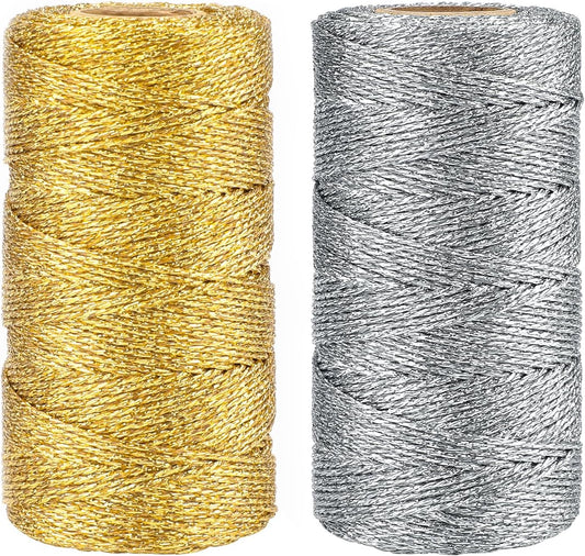 Gold Silver Twine String - 656Ft 1.5MM Christmas Twine String Metallic Gold and Silver Glitter Bakers Twines Strings for Crafts Ornament Gift Wrapping Christmas Holiday Home Decoration
