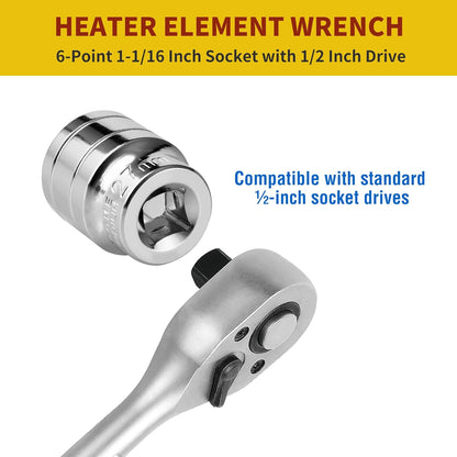 1-1/16 Inch RV Water Heater Element Socket Wrench for 3/4" NPT Thread Anode Rod, 27mm Anode Rod Socket for Replacing Magnesium Rods on RV, Camper Travel or Trailers, 6-Point Design with 1/2-Inch Drive