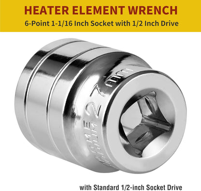 1-1/16 Inch RV Water Heater Element Socket Wrench for 3/4" NPT Thread Anode Rod, 27mm Anode Rod Socket for Replacing Magnesium Rods on RV, Camper Travel or Trailers, 6-Point Design with 1/2-Inch Drive
