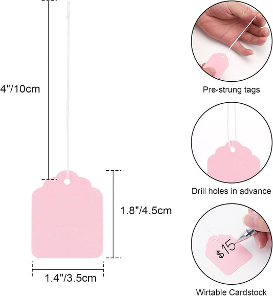200Pcs Blank Tags with String Attached - Pink Price Tags, 1.8x1.4Inch Clothing Tag for Business Selling, Kraft Paper Hangtag, Small Retail Marking Labels, Writable Sales Labels for Jewelry