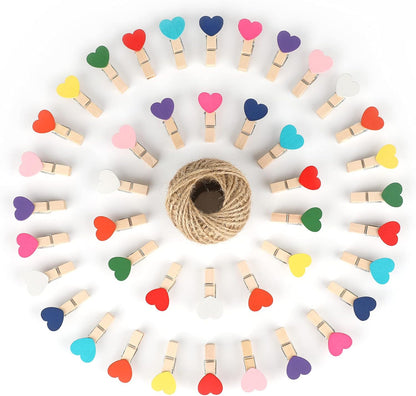 100Pcs Clothespins with String, 1.4Inch Wooden Clothes Pins with Heart, 10 Colors Heart Clips, Mini Photo Clips with 98Ft Jute Twine, Craft Clip for Baby Shower, Wedding, Birthday