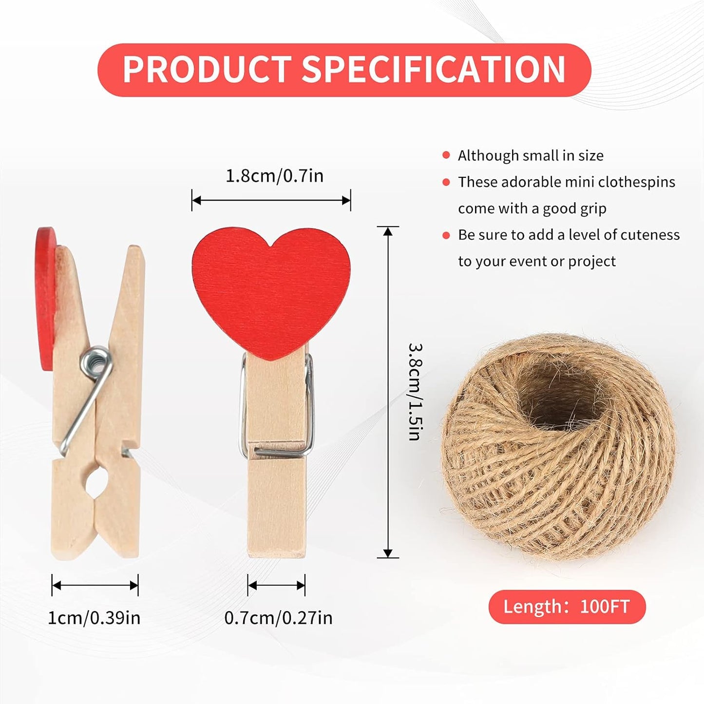 100Pcs Clothespins with String, 1.4Inch Wooden Clothes Pins with Heart, 10 Colors Heart Clips, Mini Photo Clips with 98Ft Jute Twine, Craft Clip for Baby Shower, Wedding, Birthday