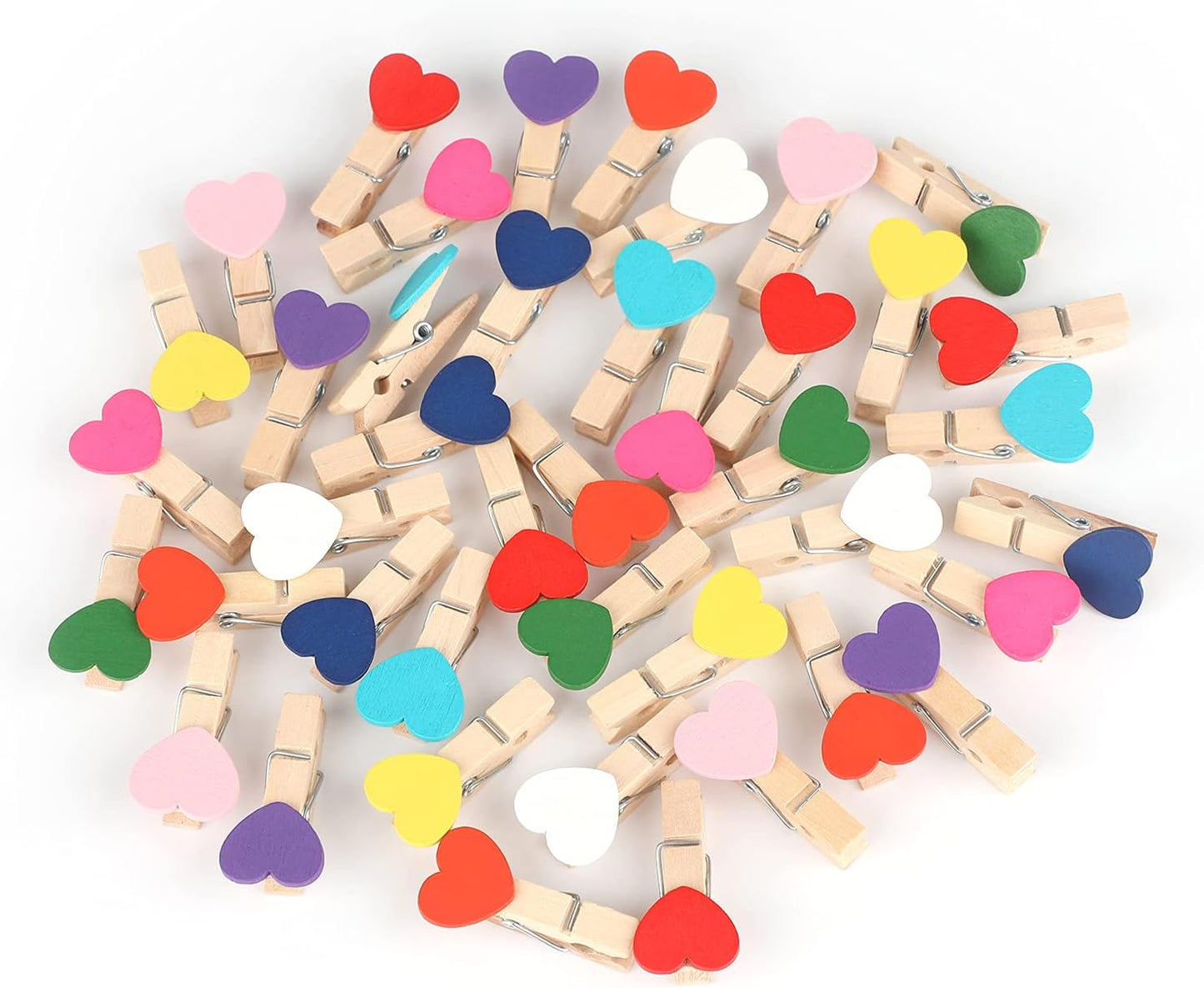 100Pcs Clothespins with String, 1.4Inch Wooden Clothes Pins with Heart, 10 Colors Heart Clips, Mini Photo Clips with 98Ft Jute Twine, Craft Clip for Baby Shower, Wedding, Birthday
