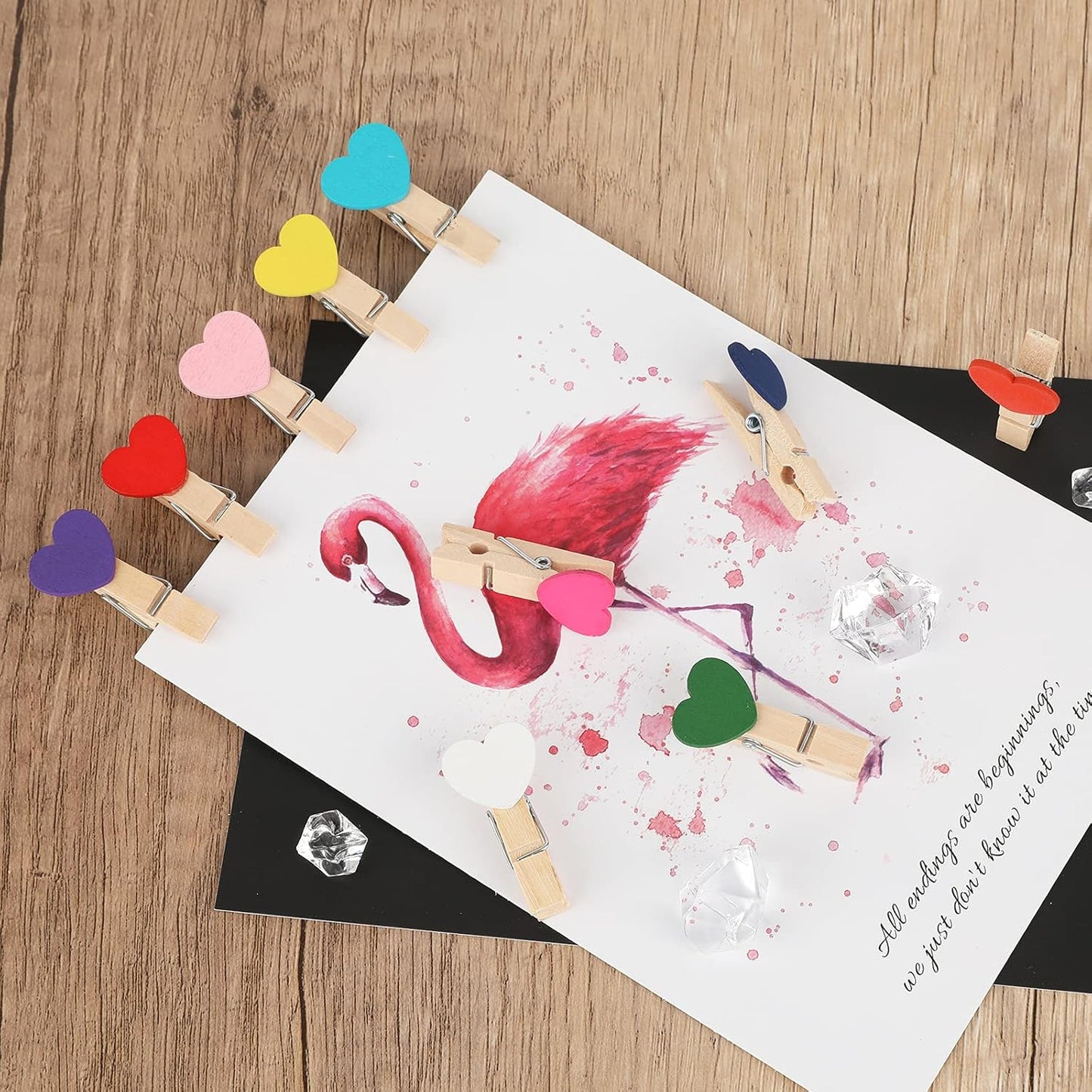 100Pcs Clothespins with String, 1.4Inch Wooden Clothes Pins with Heart, 10 Colors Heart Clips, Mini Photo Clips with 98Ft Jute Twine, Craft Clip for Baby Shower, Wedding, Birthday