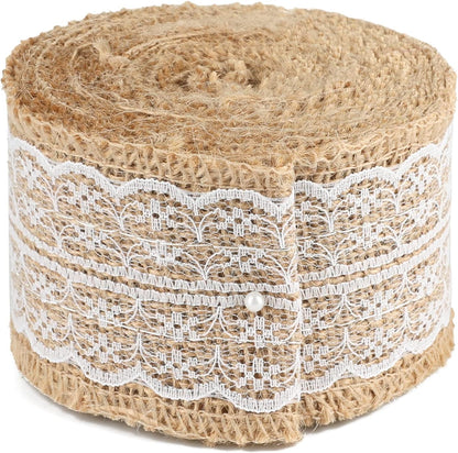 Natural Jute Burlap Ribbon Roll - 2.4Inch x 5.5Yards Rustic White Lace Burlap Ribbon Trim Tape for DIY Crafts, Bottle Decor, Wreath