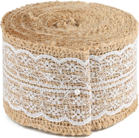 Natural Jute Burlap Ribbon Roll - 2.4Inch x 5.5Yards Rustic White Lace Burlap Ribbon Trim Tape for DIY Crafts, Bottle Decor, Wreath