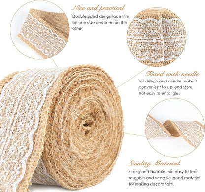 Natural Jute Burlap Ribbon Roll - 2.4Inch x 5.5Yards Rustic White Lace Burlap Ribbon Trim Tape for DIY Crafts, Bottle Decor, Wreath
