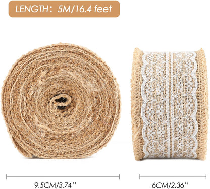 Natural Jute Burlap Ribbon Roll - 2.4Inch x 5.5Yards Rustic White Lace Burlap Ribbon Trim Tape for DIY Crafts, Bottle Decor, Wreath