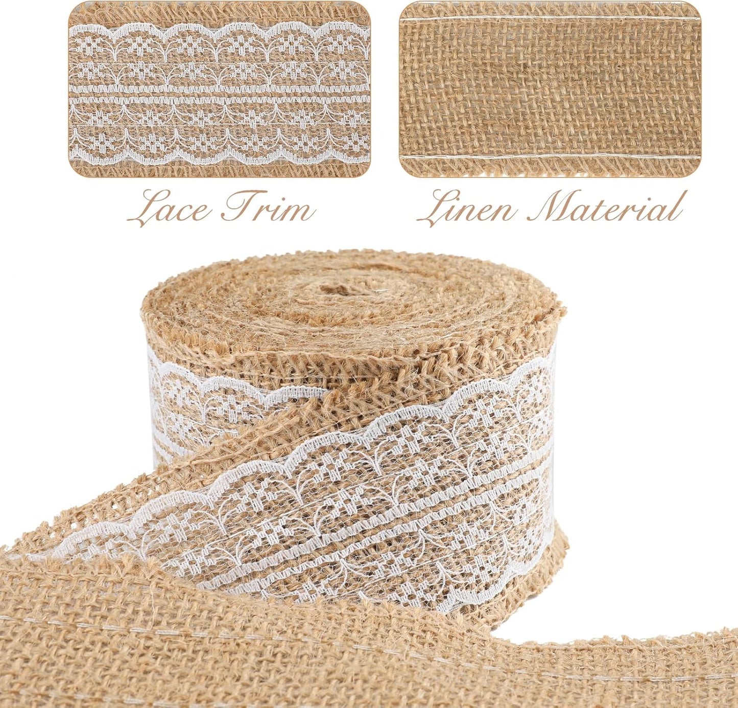 Natural Jute Burlap Ribbon Roll - 2.4Inch x 5.5Yards Rustic White Lace Burlap Ribbon Trim Tape for DIY Crafts, Bottle Decor, Wreath