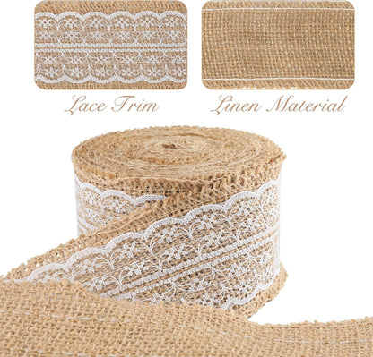 Natural Jute Burlap Ribbon Roll - 2.4Inch x 5.5Yards Rustic White Lace Burlap Ribbon Trim Tape for DIY Crafts, Bottle Decor, Wreath