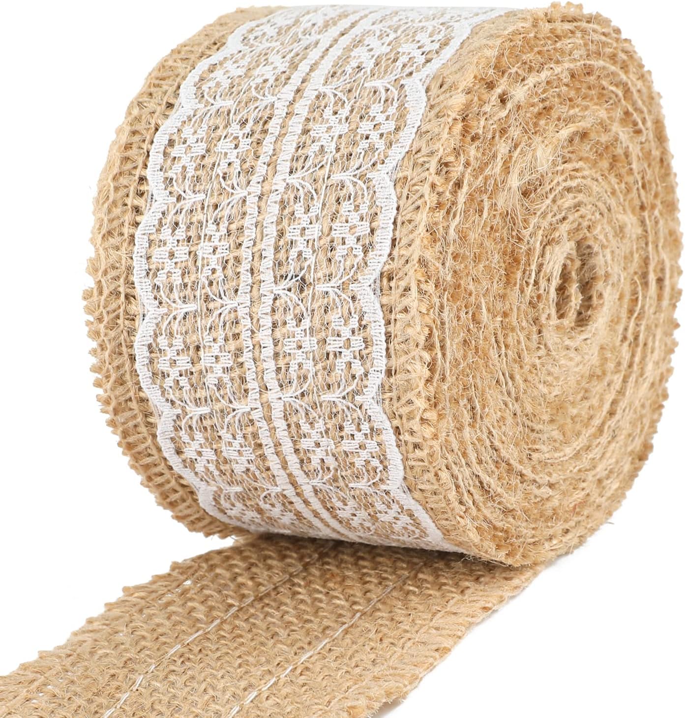 Natural Jute Burlap Ribbon Roll - 2.4Inch x 5.5Yards Rustic White Lace Burlap Ribbon Trim Tape for DIY Crafts, Bottle Decor, Wreath