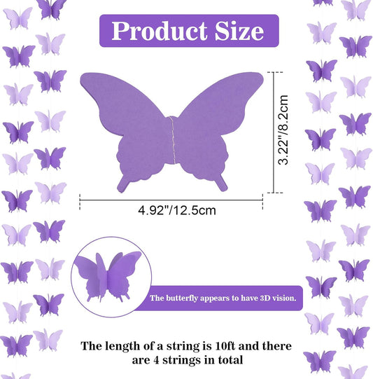 Butterfly Hanging Garlands - 3D Purple Paper Butterflies, 4 Packs - Birthday Decorations for Baby Showers, Home Decor, Weddings & Parties (39ft)