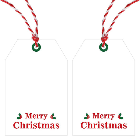 Christmas Gift Tags with String - 50Pcs Holly Merry Christmas Tags for Gifts Xmas Gift Tag Happy Holidays Hang Paper Label Tag for Present Wrapping Treat Goodie Bag Holiday Party Favor Decor