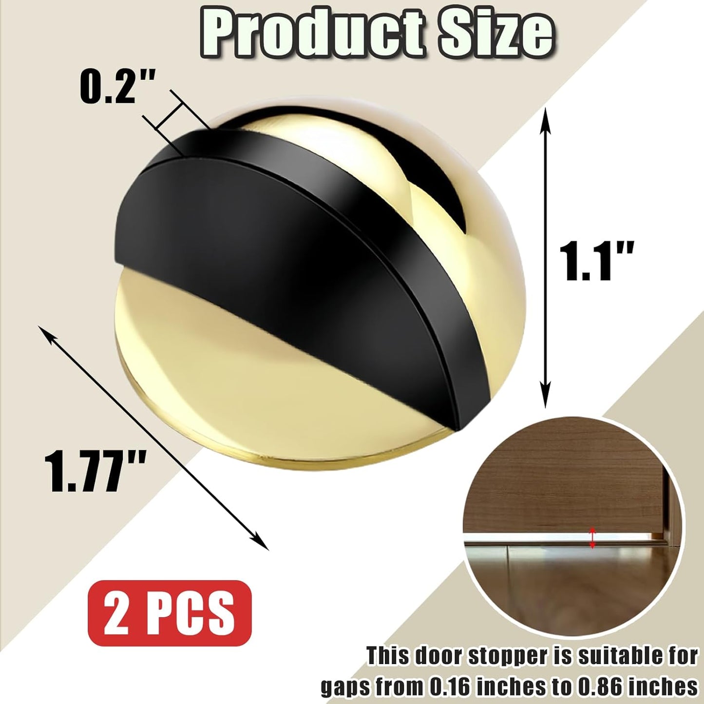 Drill-Free Floor Mounted Door Stoppers 3M Adhesive Self Adhesive Door Stoppers with Black Rubber Bumper Tips Floor Mount Half Dome Door Stopper for Office Bedroom Living Room Shower Room (Gold-2Pcs)