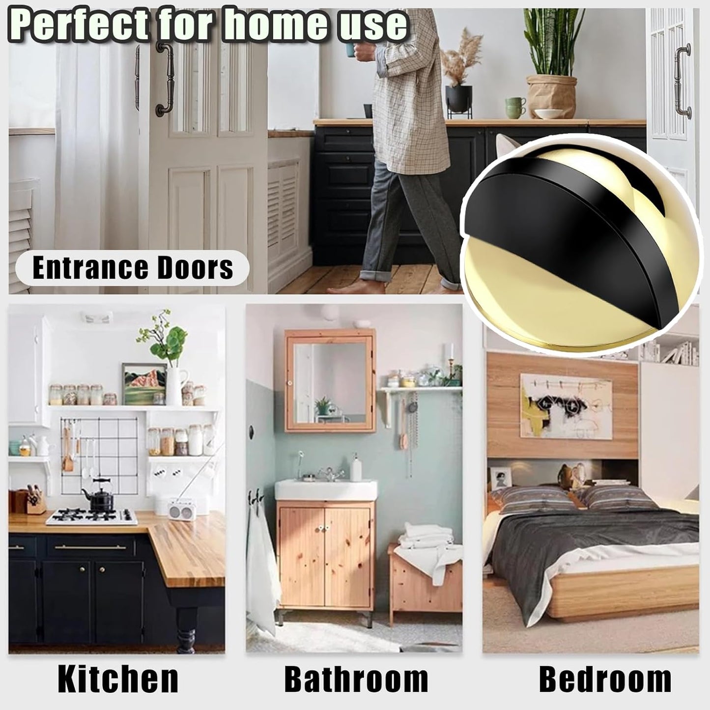 Drill-Free Floor Mounted Door Stoppers 3M Adhesive Self Adhesive Door Stoppers with Black Rubber Bumper Tips Floor Mount Half Dome Door Stopper for Office Bedroom Living Room Shower Room (Gold-2Pcs)