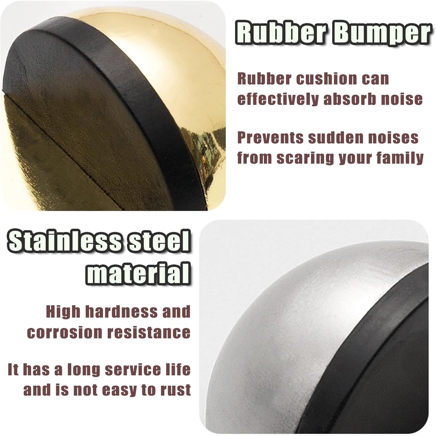 Drill-Free Floor Mounted Door Stoppers 3M Adhesive Self Adhesive Door Stoppers with Black Rubber Bumper Tips Floor Mount Half Dome Door Stopper for Office Bedroom Living Room Shower Room (Gold-2Pcs)