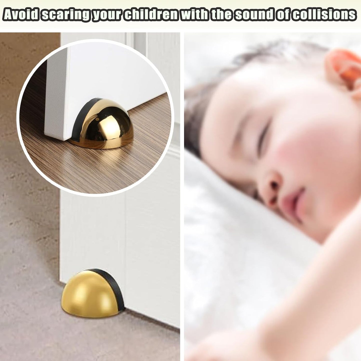 Drill-Free Floor Mounted Door Stoppers 3M Adhesive Self Adhesive Door Stoppers with Black Rubber Bumper Tips Floor Mount Half Dome Door Stopper for Office Bedroom Living Room Shower Room (Gold-2Pcs)
