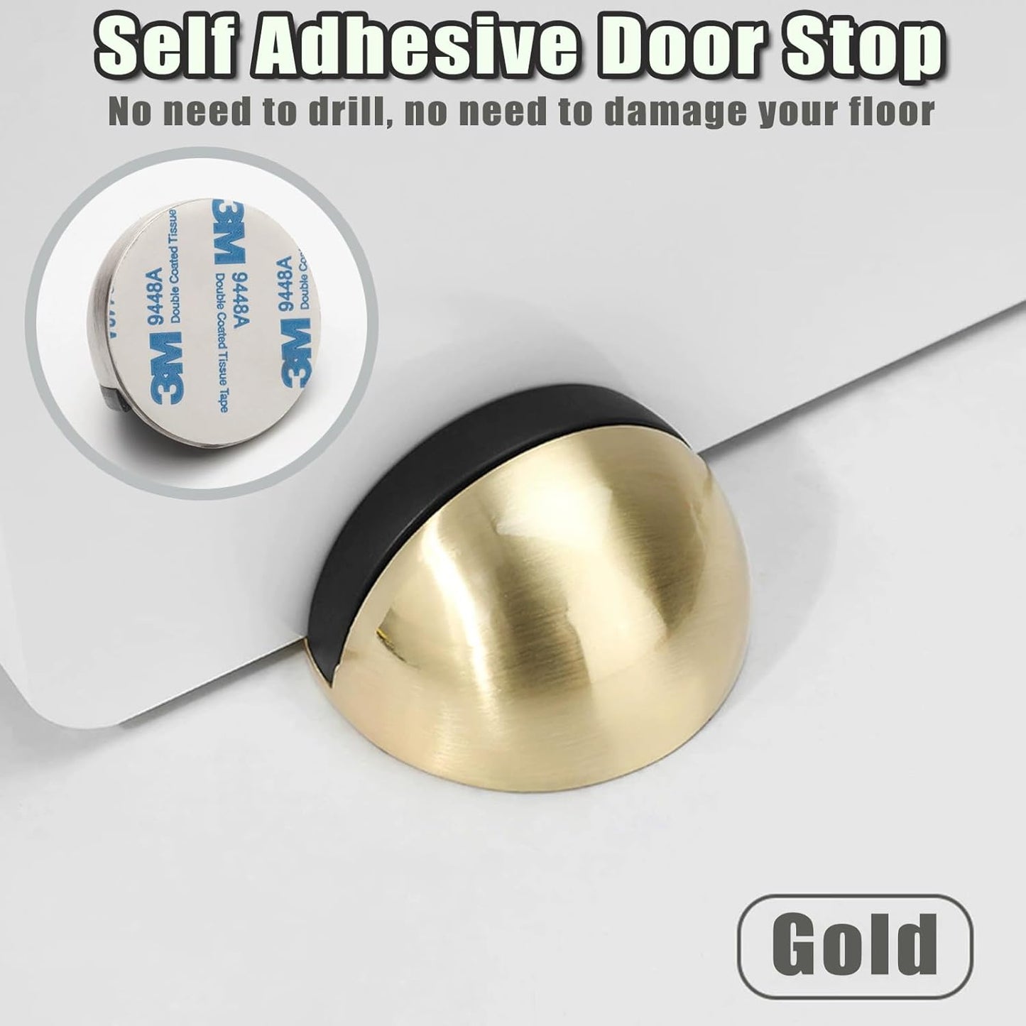 Drill-Free Floor Mounted Door Stoppers 3M Adhesive Self Adhesive Door Stoppers with Black Rubber Bumper Tips Floor Mount Half Dome Door Stopper for Office Bedroom Living Room Shower Room (Gold-2Pcs)