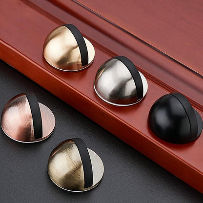 Drill-Free Floor Mounted Door Stoppers 3M Adhesive Self Adhesive Door Stoppers with Black Rubber Bumper Tips Floor Mount Half Dome Door Stopper for Office Bedroom Living Room Shower Room (Gold-2Pcs)
