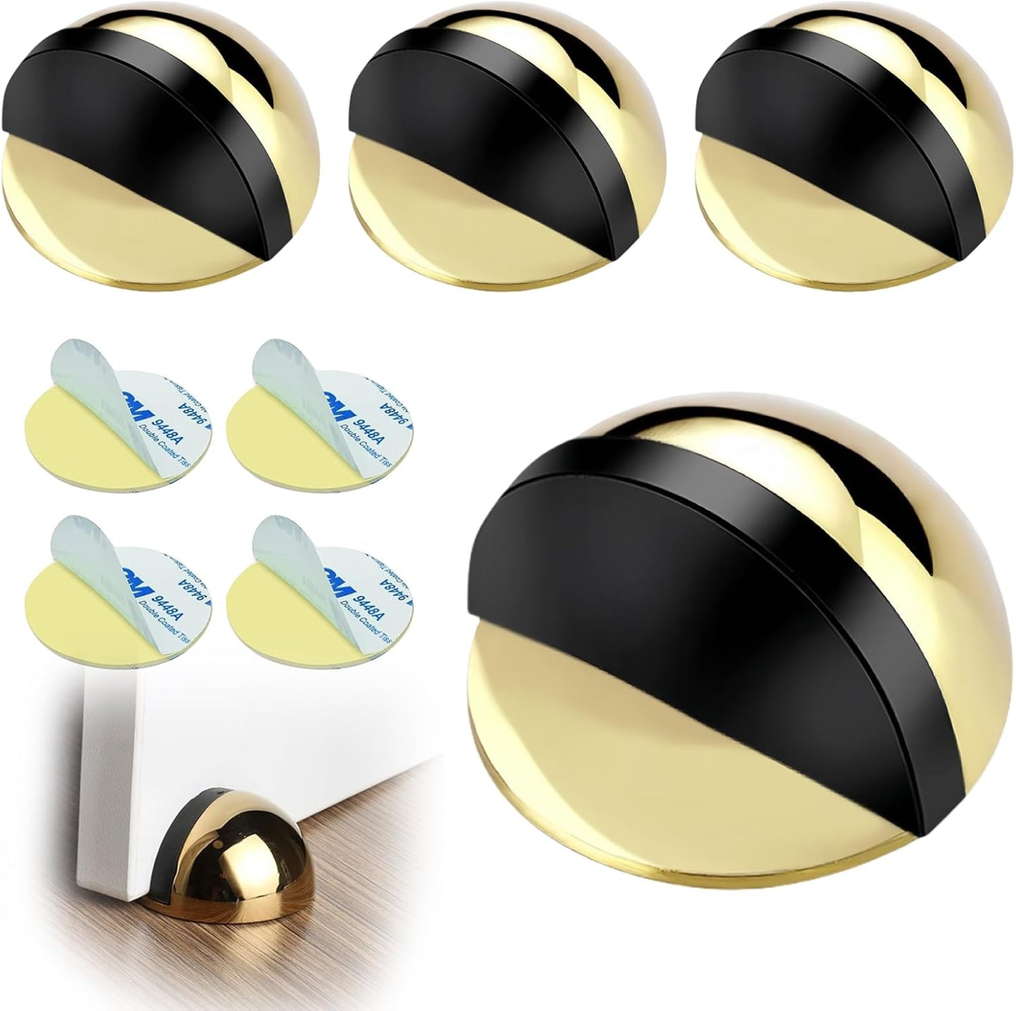 Drill-Free Floor Mounted Door Stoppers 3M Adhesive Self Adhesive Door Stoppers with Black Rubber Bumper Tips Floor Mount Half Dome Door Stopper for Office Bedroom Living Room Shower Room (Gold-4Pcs)