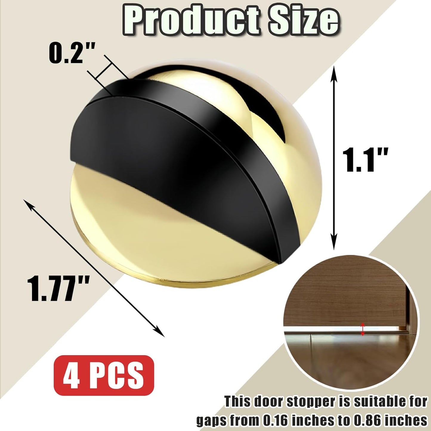 Drill-Free Floor Mounted Door Stoppers 3M Adhesive Self Adhesive Door Stoppers with Black Rubber Bumper Tips Floor Mount Half Dome Door Stopper for Office Bedroom Living Room Shower Room (Gold-4Pcs)
