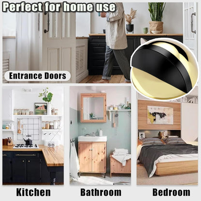 Drill-Free Floor Mounted Door Stoppers 3M Adhesive Self Adhesive Door Stoppers with Black Rubber Bumper Tips Floor Mount Half Dome Door Stopper for Office Bedroom Living Room Shower Room (Gold-4Pcs)