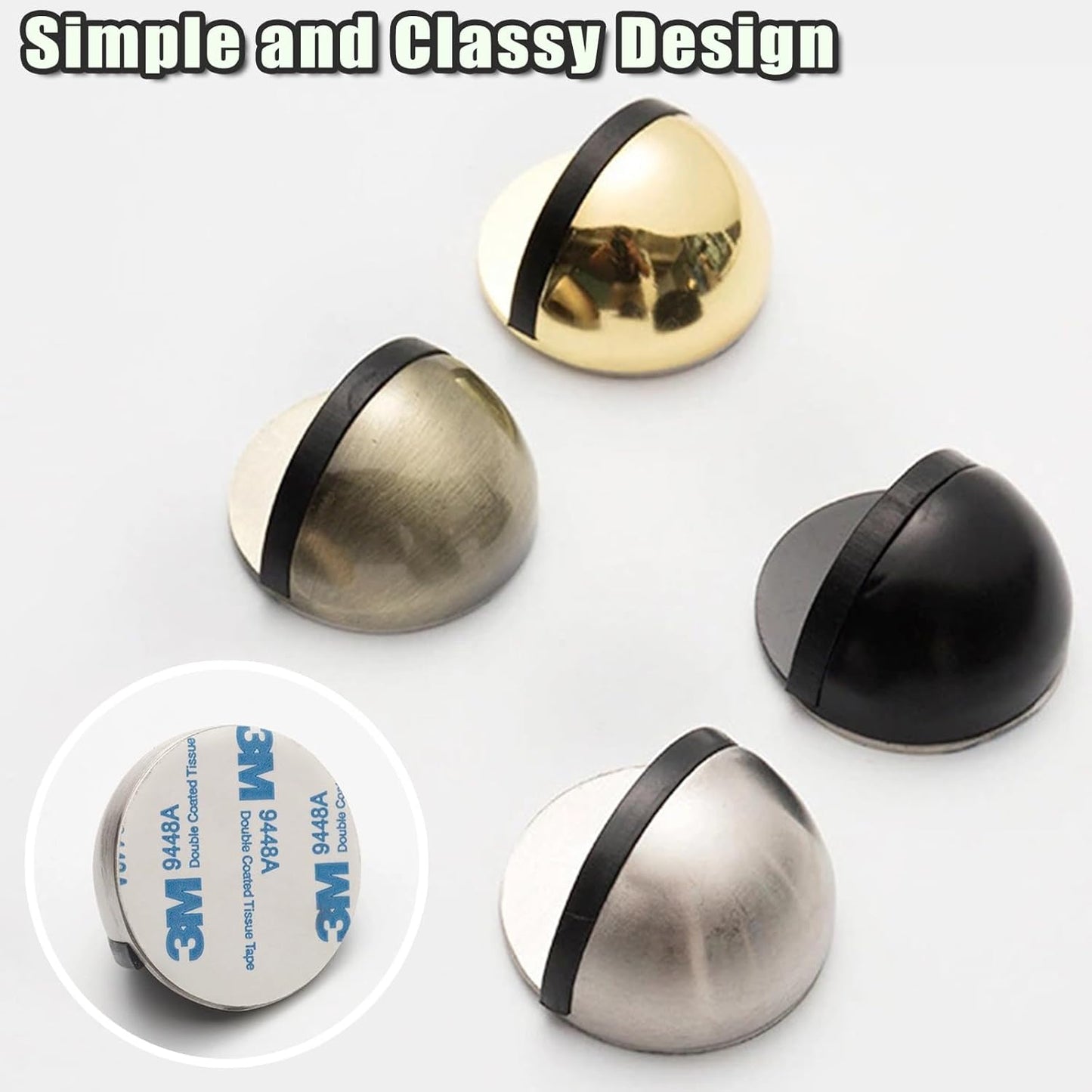 Drill-Free Floor Mounted Door Stoppers 3M Adhesive Self Adhesive Door Stoppers with Black Rubber Bumper Tips Floor Mount Half Dome Door Stopper for Office Bedroom Living Room Shower Room (Gold-4Pcs)